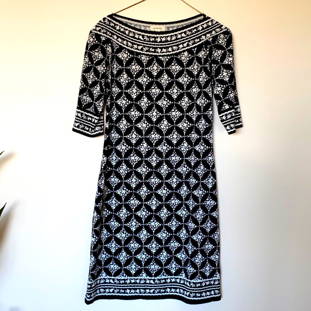 Max Studio black and white sheath dress.
